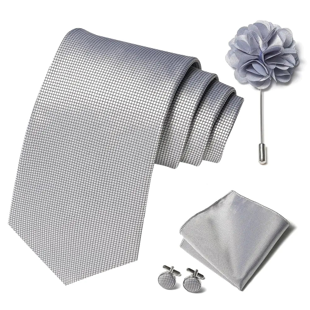 joy alice Solid Color Ties Set Men Handkerchief Cufflinks Brooch 3.15 inches Classic Formal Necktie Pocket Square Set (Sliver)