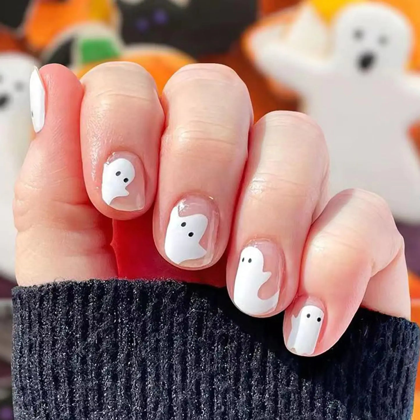 24Pcs BMKKOT Halloween Fake Nails Short Press on Nails Square Acrylic Nails with Cute Ghost Design Glue on Nails Nude Pink False Nails French Cute Halloween Nails Petite Short Coffin Artificial Nails