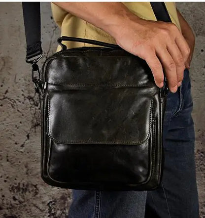 Vintage Leather Vertical Shoulder Bag for Men