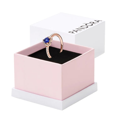 PANDORA Sparkling Blue Elevated Heart Ring - Rose Gold Ring for Women - Layering or Stackable Ring - 14k Rose with Cubic Zirconia - Size 7 - With Gift Box