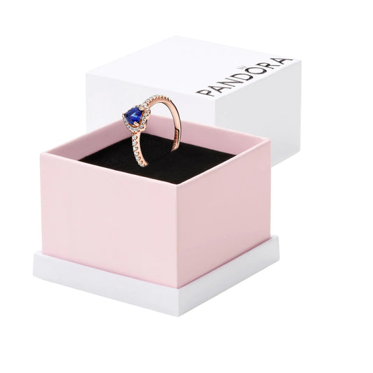 PANDORA Sparkling Blue Elevated Heart Ring - Rose Gold Ring for Women - Layering or Stackable Ring - 14k Rose with Cubic Zirconia - Size 7 - With Gift Box
