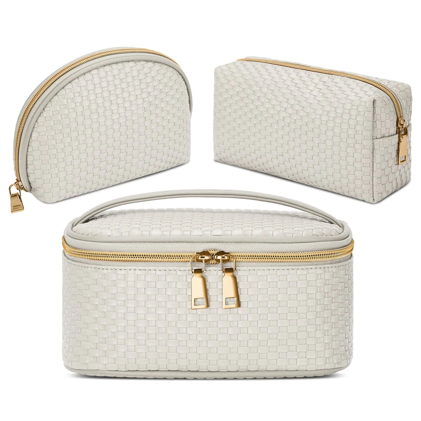 KTMOUW Makeup Bag 3 Pcs Waterproof Cosmetic Bag Set Portable Travel Cosmetic Bag Multifunction Organizer Storage Bag Weave Toiletry Bag for Women Beige