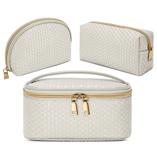KTMOUW Makeup Bag 3 Pcs Waterproof Cosmetic Bag Set Portable Travel Cosmetic Bag Multifunction Organizer Storage Bag Weave Toiletry Bag for Women Beige