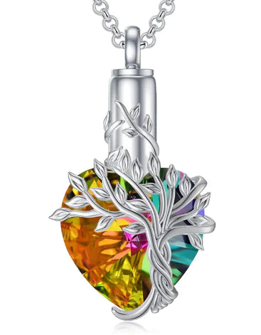 Tree of Life Heart Urn Necklace with Gemstone Pendant