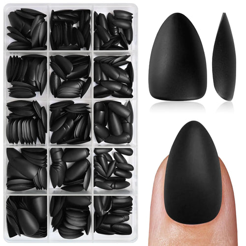 LuckForever 420pc Almond Press on Nails Short Fake Nails with Adhesive Tabs Short Press on Nails Almond Glue on Nails Black Acrylic Nails Press ons False Nails Women XS Stiletto Artificial Nails