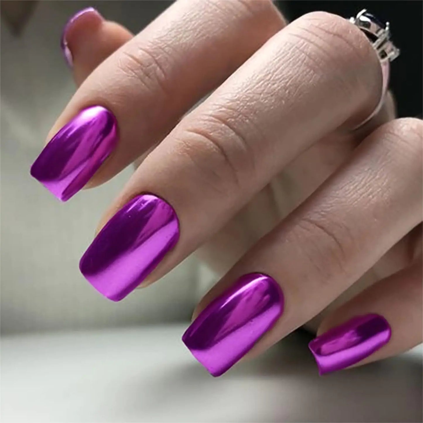Square Press on Nails Medium Chrome Fake Nails Purple Design Acrylic Nails Mirror Metal False Nails Chrome Nails Press ons Full Cover Glue On Nails Stick On Nails for Women Girls 24Pcs