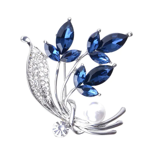 Elegant Blue Crystal Wheat Brooch with Pearl Corsage