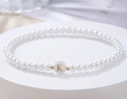 Dainty Faux Pearl Bead Initial Bracelet for Women