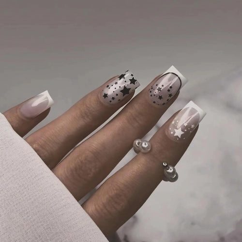 BABALAL White Press on Nails Medium Square Fake Nails French Tip Glue ons Nails Star Nails 24Pcs Squoval Manicure False Nails