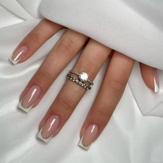 White French Tip Press On Nails Short Square Fake Nails Nude False Nails Glossy Acrylic Nails with Glitter Glue On Nails Nature French Nails Press on Stick On Nails for Women Girls Manicure 24pcs