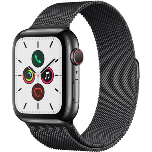 Apple Watch Series 5 (GPS + Cellular 44MM) - Space Black Stainless Steel Case with Black Milanese Loop Band (Renewed)