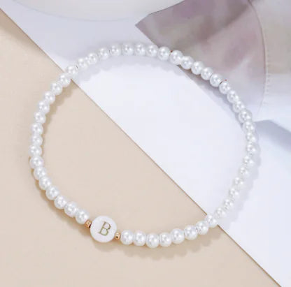 Dainty Faux Pearl Bead Initial Bracelet for Women