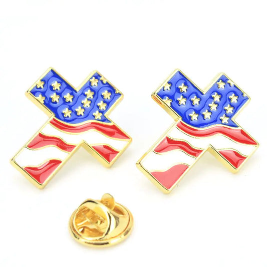 Zinc Alloy Cross American Flag Brooch for Men and Women