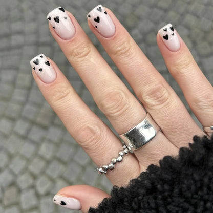 Valentines Day Press on Nails Medium Square Fake Nails White False Nails Black Heart Artificial Nails Full Cover Glue on Nails Cute Acrylic Nails Glossy Stick on Nails for Women Valentine Manicure