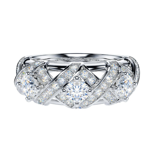 THELANDA Genuine Moissanite Sterling Silver 7.8mm Vintage Luxury Crossover Crown 3-Stone Promise Ring Wedding Ring For Her (6.5)