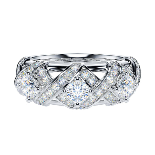 THELANDA Genuine Moissanite Sterling Silver 7.8mm Vintage Luxury Crossover Crown 3-Stone Promise Ring Wedding Ring For Her (6.5)