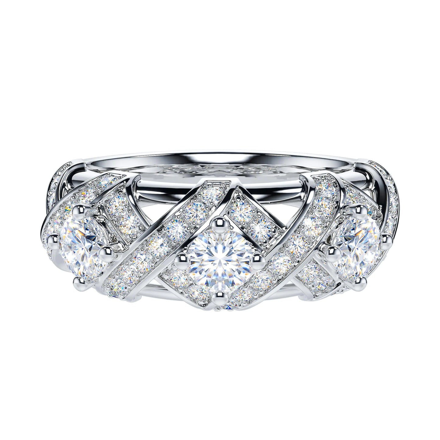 THELANDA Genuine Moissanite Sterling Silver 7.8mm Vintage Luxury Crossover Crown 3-Stone Promise Ring Wedding Ring For Her (6.5)