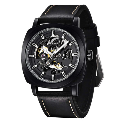 Benyar Automatic Watches for Men | Skeleton Mechanical Leather Strap Mens Watch | 45mm Dial | 30M Waterproof | Mens Stylish Gift
