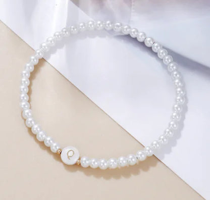 Dainty Faux Pearl Bead Initial Bracelet for Women