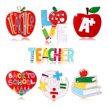 Teacher Brooches Pins Education School Teacher A+ Red Apple Back to School Love Heart Book Colorful TEACHER Enamel Brooch Pins Teachers Day End of School Teacher Appreciation Gifts for Teacher Students
