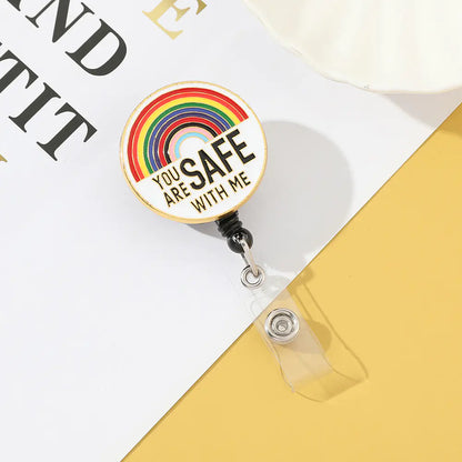 Retractable ABS Bag Charm with Rainbow Metal Brooch