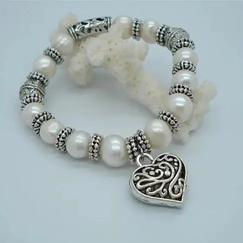 Charming Heart Pearl And Silver Bracelet