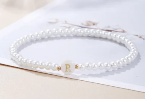 Dainty Faux Pearl Bead Initial Bracelet for Women