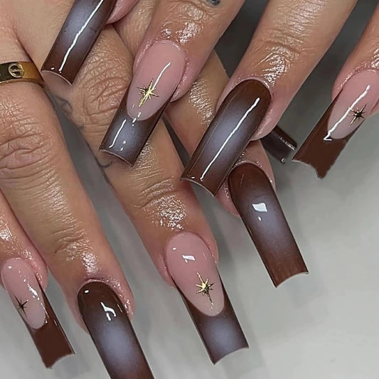 BABALAL Square Press on Nails Long Fake Nails Brown French Tip Stick on Nails Star Design Acrylic Nails 24Pcs Full Cover False Nails