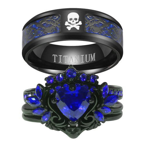 Couple Rings Matching Rings Black Wings Skull Ring 1.5ct Blue CZ Womens Wedding Ring Sets Punk Ring