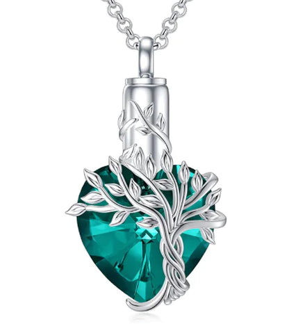 Tree of Life Heart Urn Necklace with Gemstone Pendant