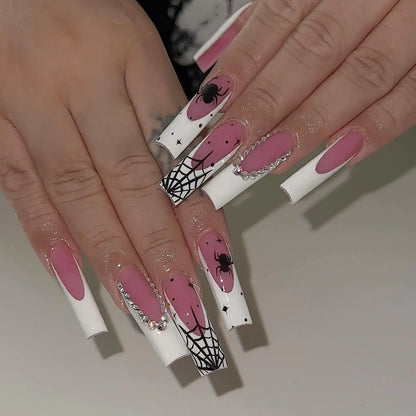 Halloween Press on Nails Long Square Fake Nails with Nails Rhinestone Glue on Nails Spider False Nails French Tip Acrylic Nails Glossy Pink Long Coffin Stick on Nails for Women Halloween Nails 24Pcs