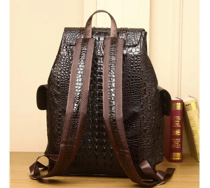 Vintage Style Handcrafted Leather Backpack with Crocodile Pattern