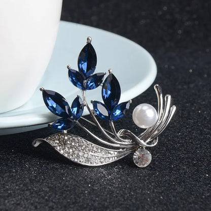 Elegant Blue Crystal Wheat Brooch with Pearl Corsage