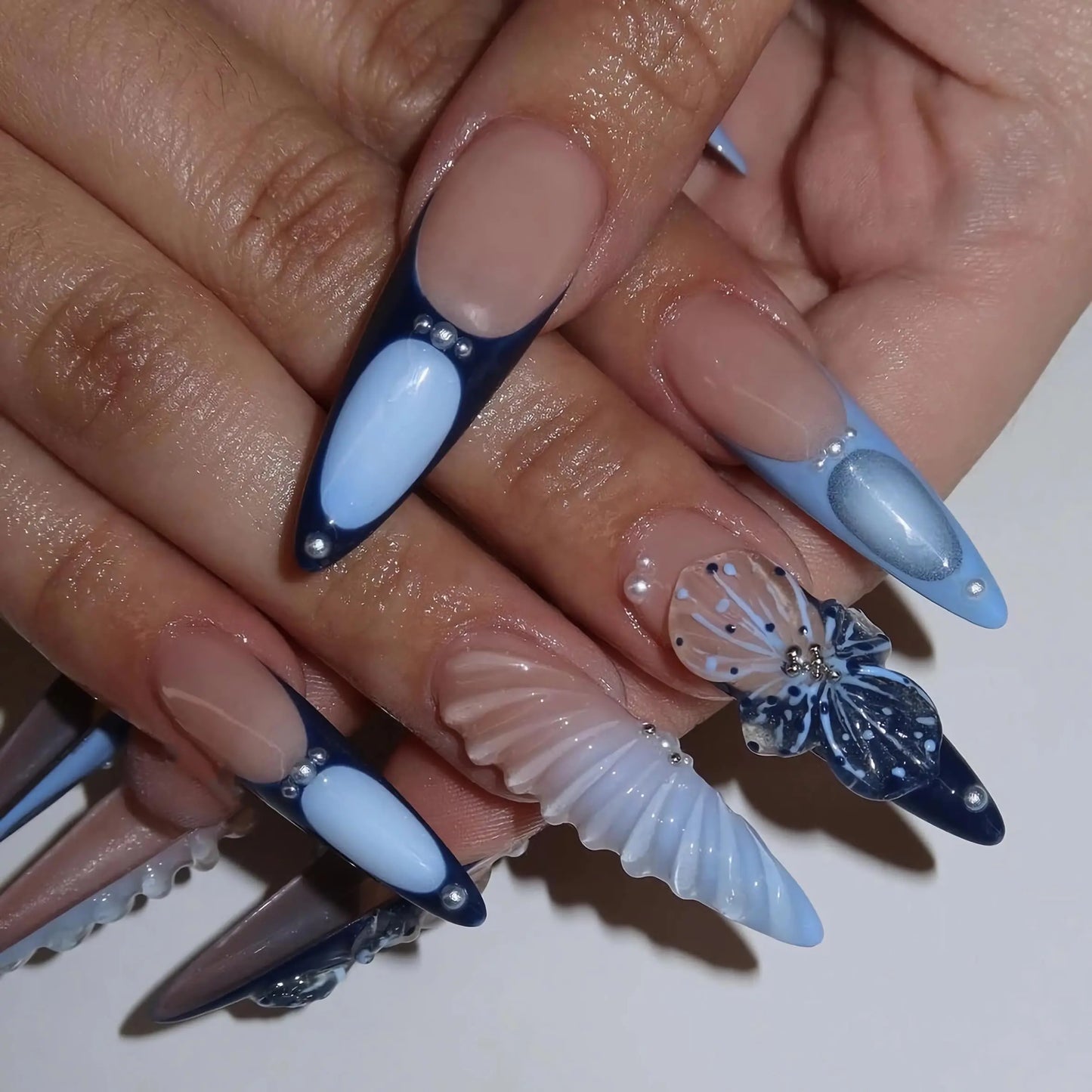 BABALAL Stiletto Press on Nails Long Fake Nails Blue Glue on Nails 3d Texture Flower Design Handmade Acrylic Nails French Tip Ballerina False Nails 24Pcs Manicure Full Cover Artificial Nails