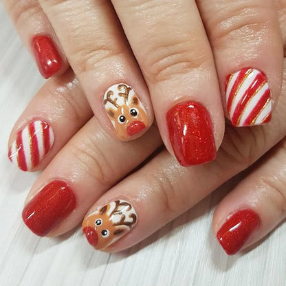 24Pcs Christmas Fake Nails Cute Press on Nails Short Square False Nails Red Glitter Full Cover Christmas Acrylic Nails 3D Kawaii Elk Glue on Nails Xmas Artificial Nails Stick on Nails for Winter Nails