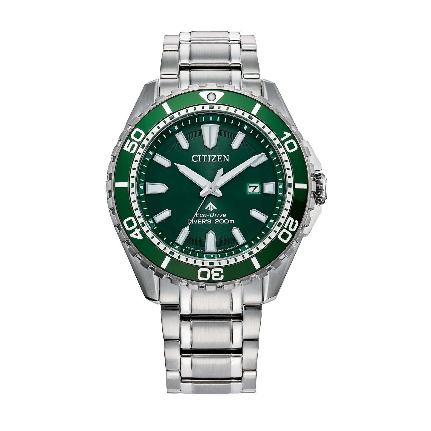 Citizen Mens Eco-Dive Promaster Dive Silver-Tone Stainless Steel Bracelet Watch Green Dial 3 Hand Date (Model: BN0199-53X)