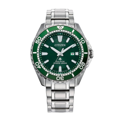 Citizen Mens Eco-Dive Promaster Dive Silver-Tone Stainless Steel Bracelet Watch Green Dial 3 Hand Date (Model: BN0199-53X)