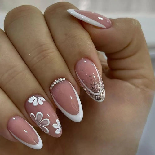 Short Press on Nails Almond Fake Nails with Flower Rhinestones Designs White French Tip Nails Press ons Glossy Glue on Nails Spring Acrylic Nails Nude False Nails Stick on Nails for Women 30Pcs