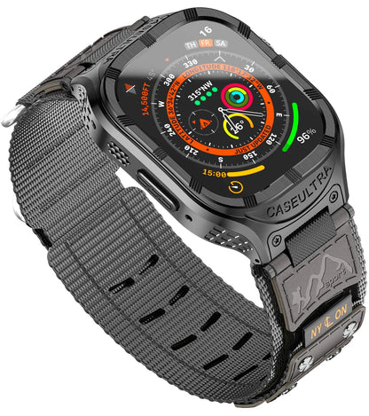 Caseultra Stainless Steel Case with Band Compatible With Apple Watch Ultra 2/1 Band (49mm)Rugged Sport Nylon Strap for iWatch Band MenBlack