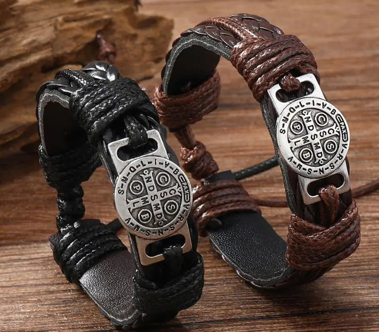 Saint Benedict Leather Bracelet (Handmade, One Piece)