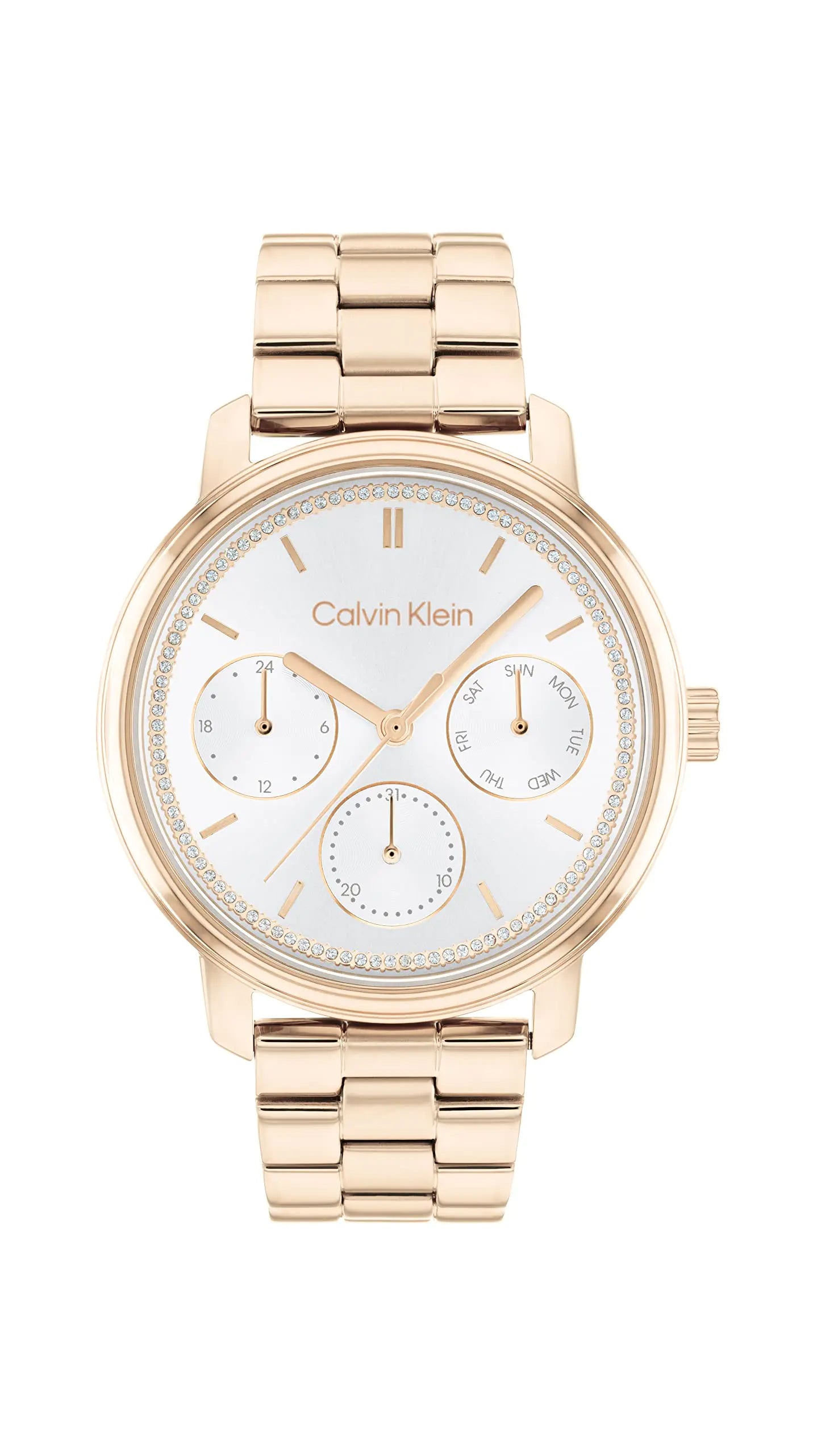 Calvin Klein Minimalistic Womens Ionic Plated Carnation Gold Steel Case Quartz Multifunction Watch with Ionic Plated Carnation Gold Steel Bracelet (Model: 25200178)