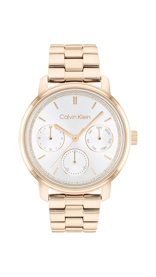 Calvin Klein Minimalistic Womens Ionic Plated Carnation Gold Steel Case Quartz Multifunction Watch with Ionic Plated Carnation Gold Steel Bracelet (Model: 25200178)