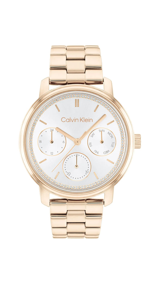 Calvin Klein Minimalistic Womens Ionic Plated Carnation Gold Steel Case Quartz Multifunction Watch with Ionic Plated Carnation Gold Steel Bracelet (Model: 25200178)
