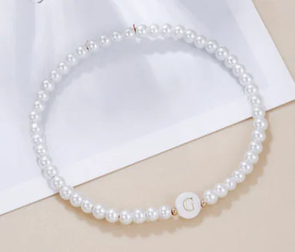 Dainty Faux Pearl Bead Initial Bracelet for Women