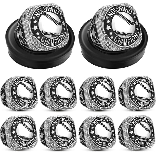 Highergo 10 Pcs Basketball Football Baseball Championship Rings with Display Neck Chain and Stand Bowling MVP Soccer Volleyball Champion Trophy Rings for Tournament Award Gift(SilverBaseball)