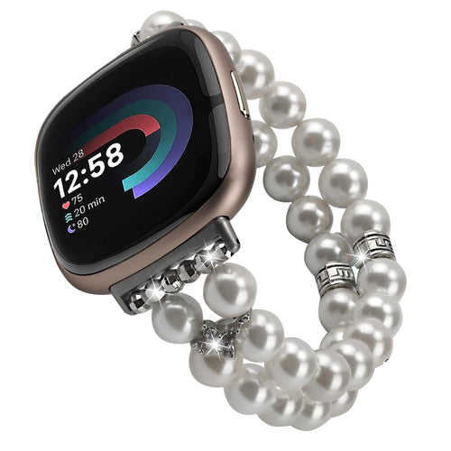 AWSMORE Watch Band Compatible with Fitbit Versa 3/Versa 4/Fitbit Sense 2/Sense for women Beaded Bracelet (Pearl White)