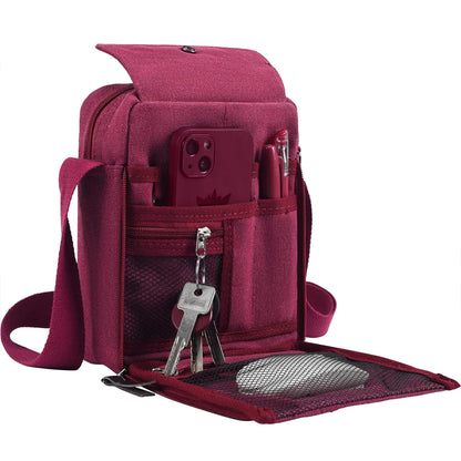 CAAORDKSO Small Canvas Messenger Bag Chest Bag Travel Bag Mini Crossbody Bag Shoulder Bag for Men Women Multi Pocket Purses (Red)