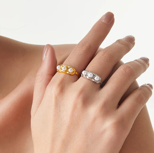 18K Gold PVD Plated Stainless Steel Chunky Ring with Pearl