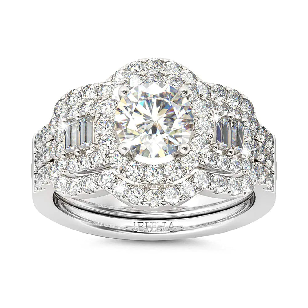 Jeulia 2 Carat Engagement Halo Rings for Women Sterling Silver Round Cut Bridal Set Cubic Zirconia Wedding Diamond Band Rings Promise Anniversary Rings for Her (Silver 10)