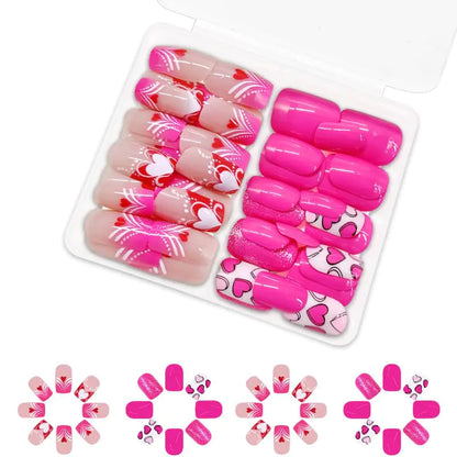 2 Packs 48Pcs Valentines Day Press on Nails Short Square Fake Nails Heart Acrylic Nails French Tip False Nails Glossy Cute Glue on Nails Kid Heart Love Stick on Nails for Women Girls Nails Decoration